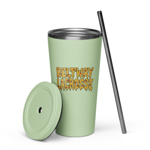 Beltway Pizza tumbler with a straw